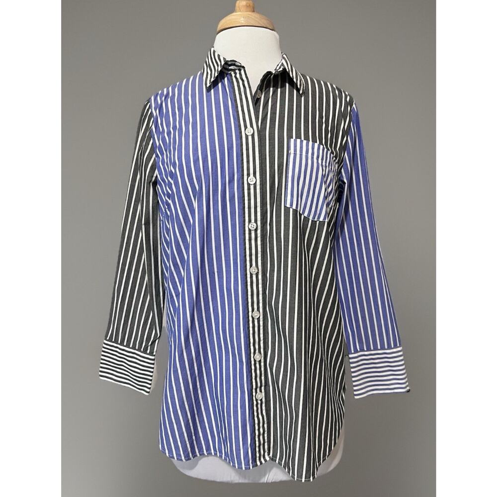 TALBOTS Womens L Petite Blue Black Colorblock Stripe Button Up Cotton Shirt